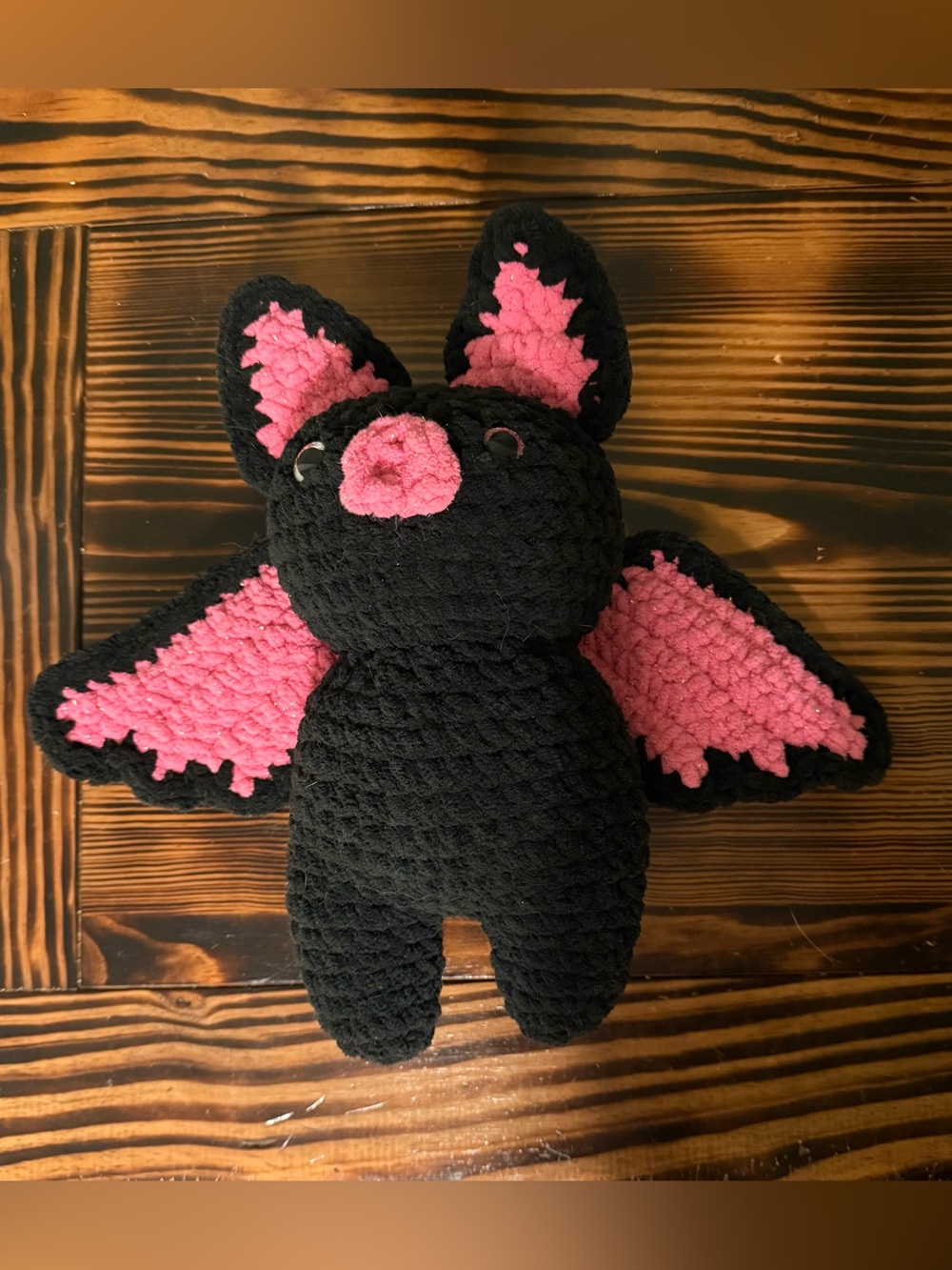 Handmade Crochet Black and Pink Plush Bat Stuffed Animal